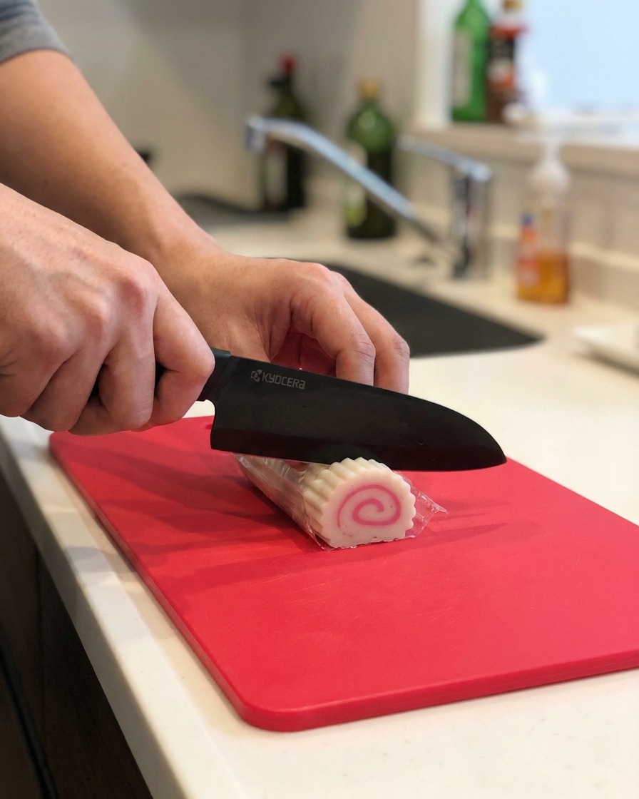 Eine Person schneidet einen pink-weißen Narutomaki-Fischkuchen auf einem roten Schneidebrett in dünne Scheiben.