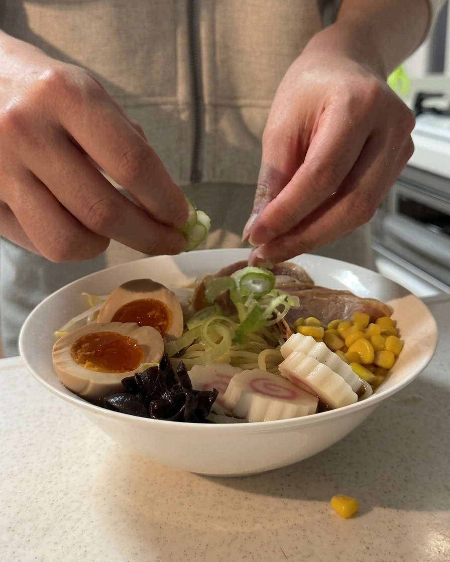 Hände streuen gehackte Frühlingszwiebeln über eine voll belegte Schüssel Shoyu-Ramen.
