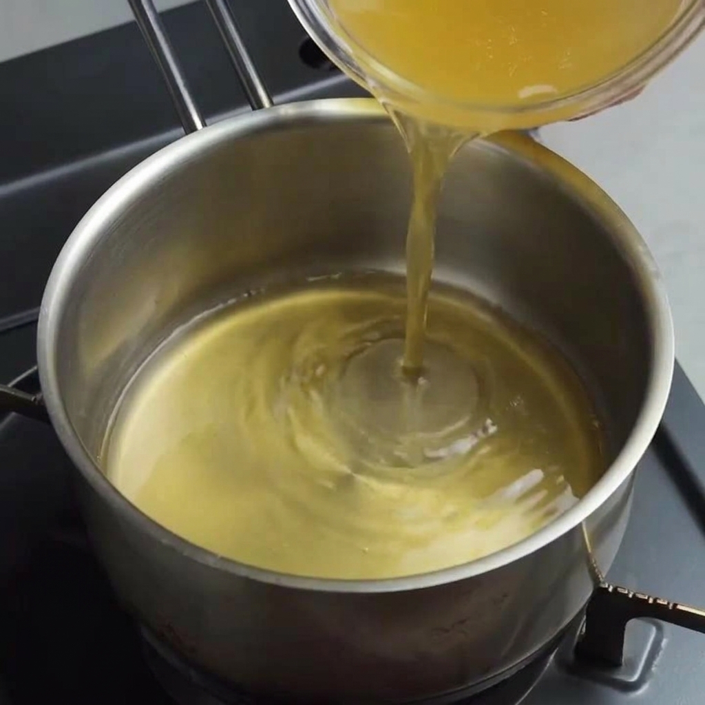 Klare Hühnerbrühe wird aus einer Glasschüssel in einen Edelstahltopf gegossen.