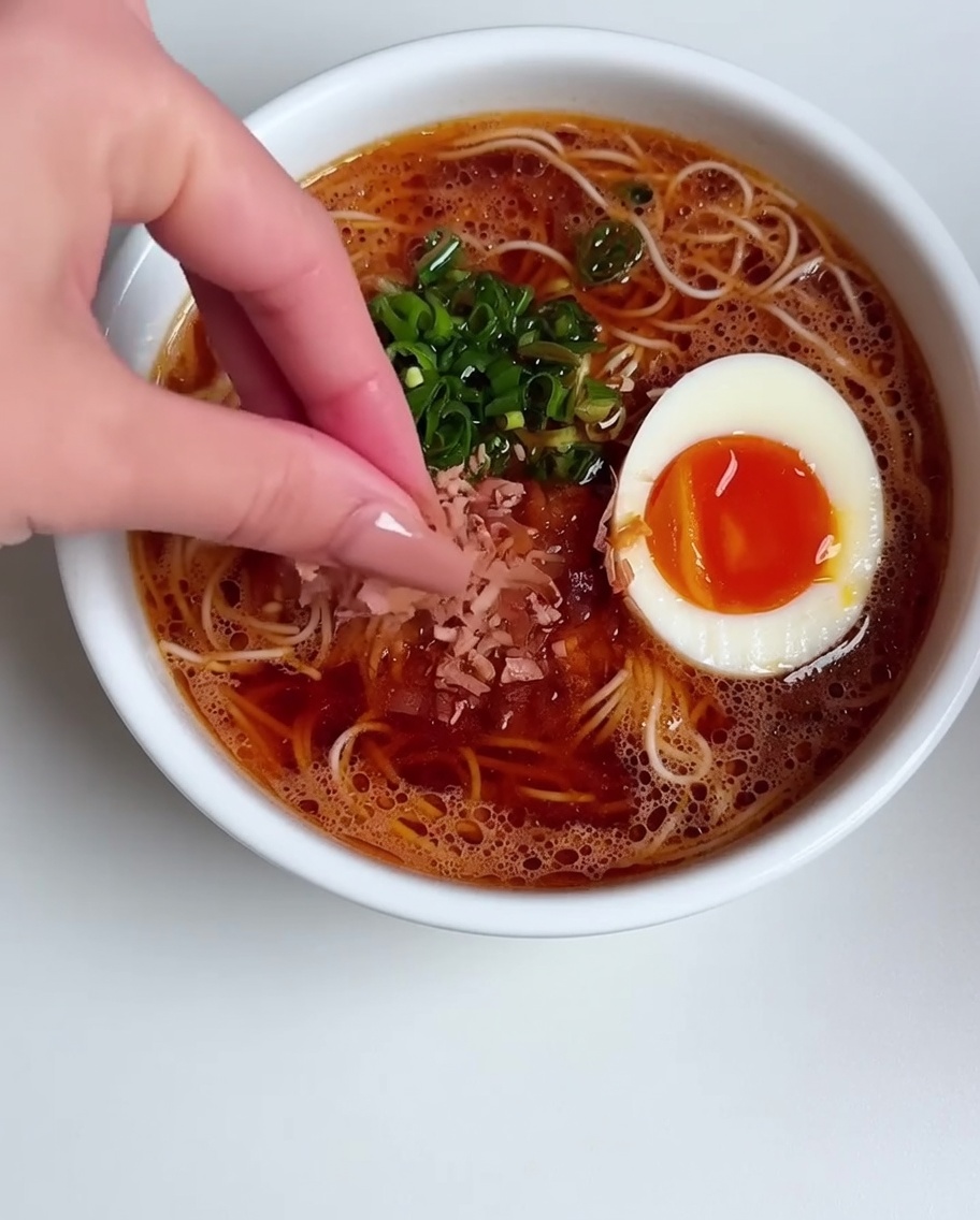 Draufsicht auf die fertige Ramen-Schüssel mit einem weichgekochten Ei und Frühlingszwiebeln, während eine Hand trockene Bonitoflocken darüber streut.