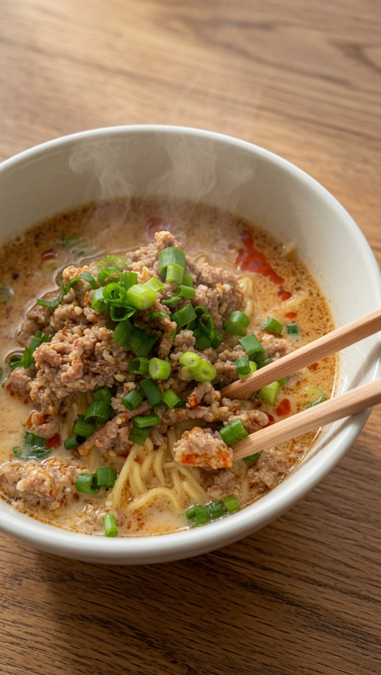 Eine Schüssel Tantanmen mit welligen Ramen-Nudeln in cremiger Sesambrühe, garniert mit gewürztem Schweinefleisch, Frühlingszwiebeln und Chiliöl.