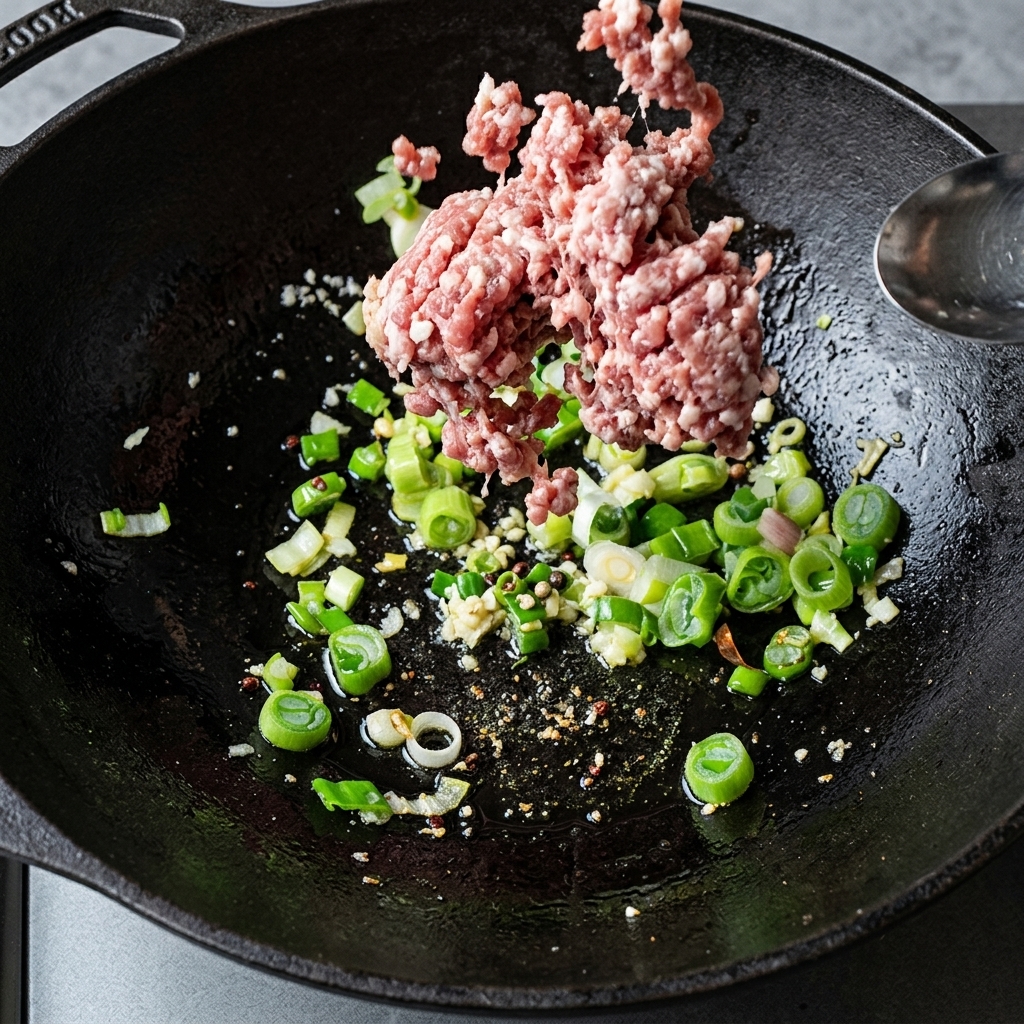 Hackfleisch wird in den Wok gegeben und mit Frühlingszwiebeln und Knoblauch vermischt.