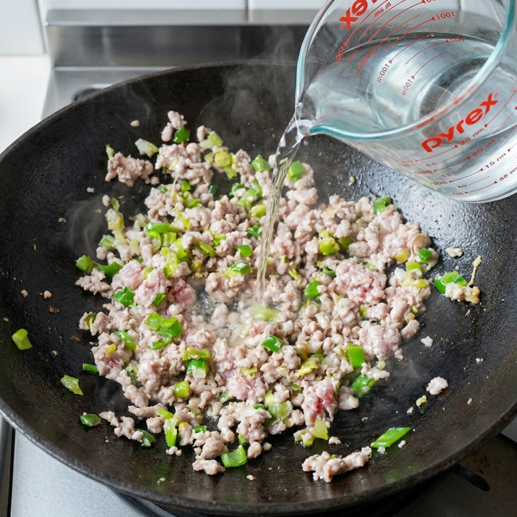 Wasser wird aus einem Messbecher in den Wok gegossen und bedeckt das gebratene Fleischgemisch.