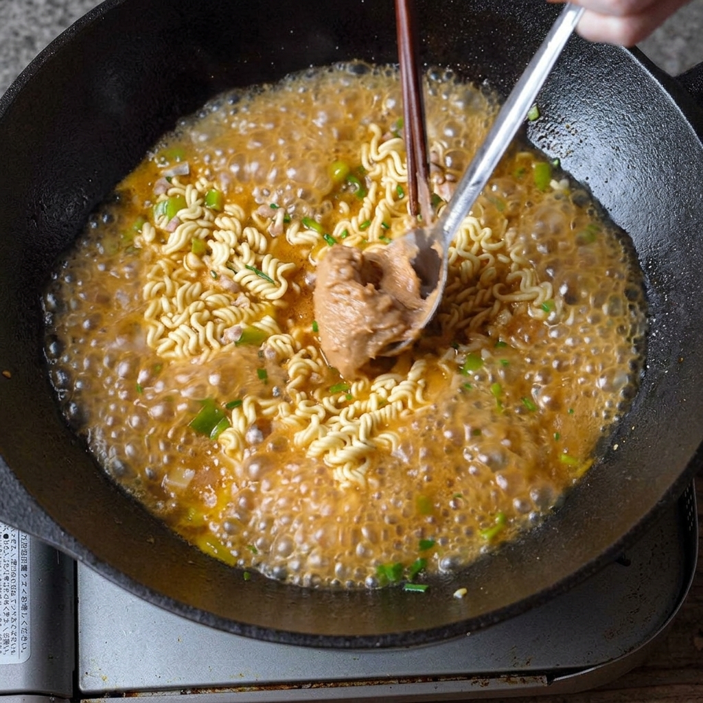 Ein Löffel cremige Erdnussbutter wird in einen simmmernden Topf mit Ramen-Nudeln und Brühe eingerührt.