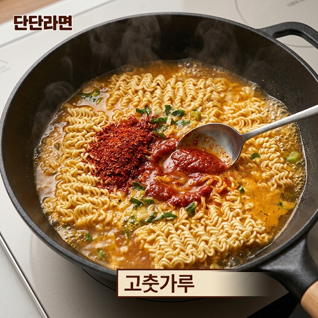 Chilipulver wird zusammen mit der Erdnussbutter in die Ramen-Brühe eingerührt.