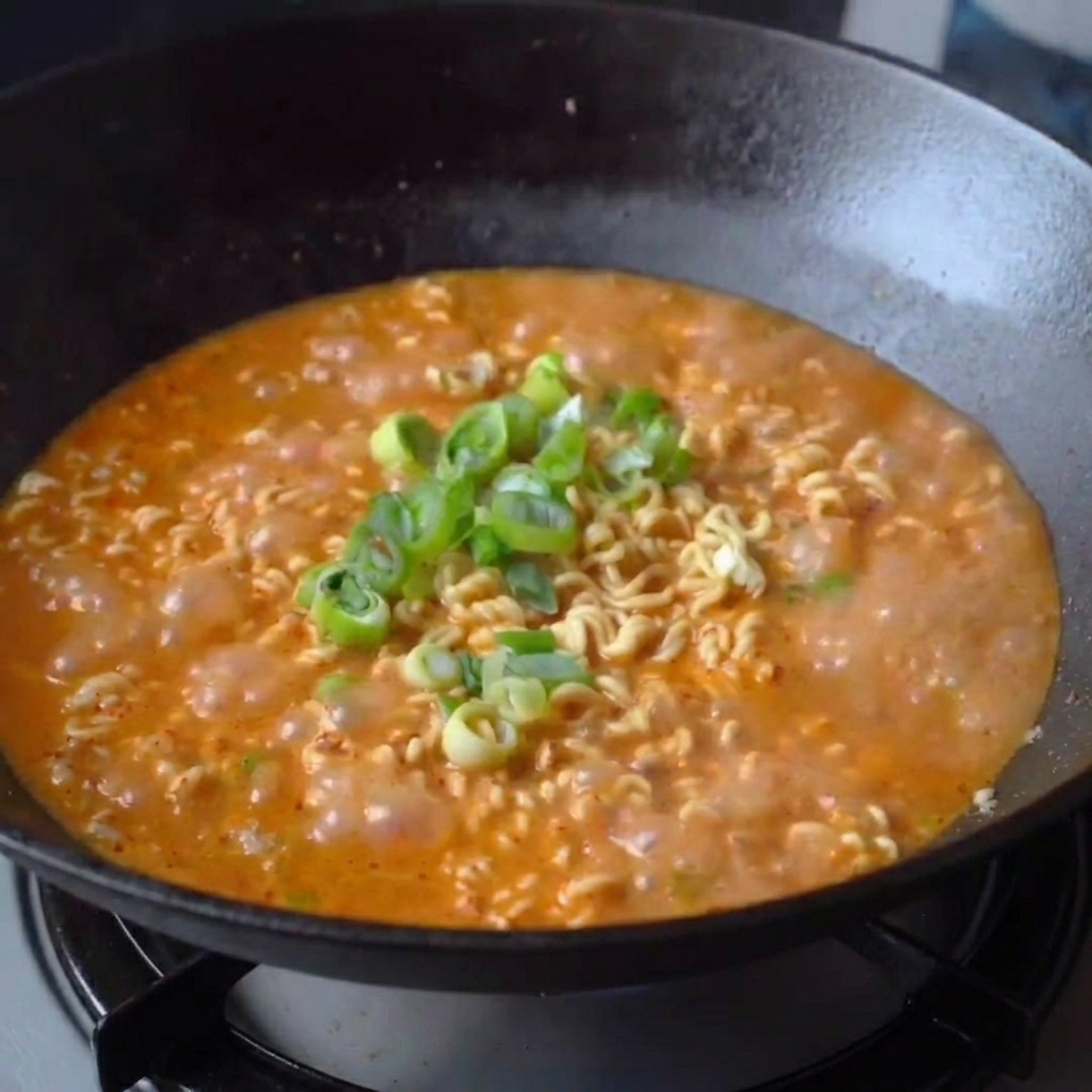 Ein fertiger Topf Dan Dan Ramen, garniert mit einer frischen Prise gehackter Frühlingszwiebeln.