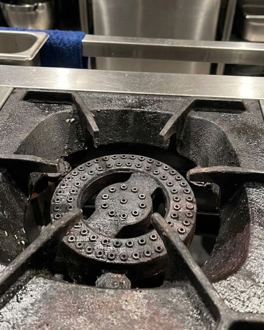 Nahaufnahme eines Metalltopfes auf einer eingeschalteten Gasherdplatte.