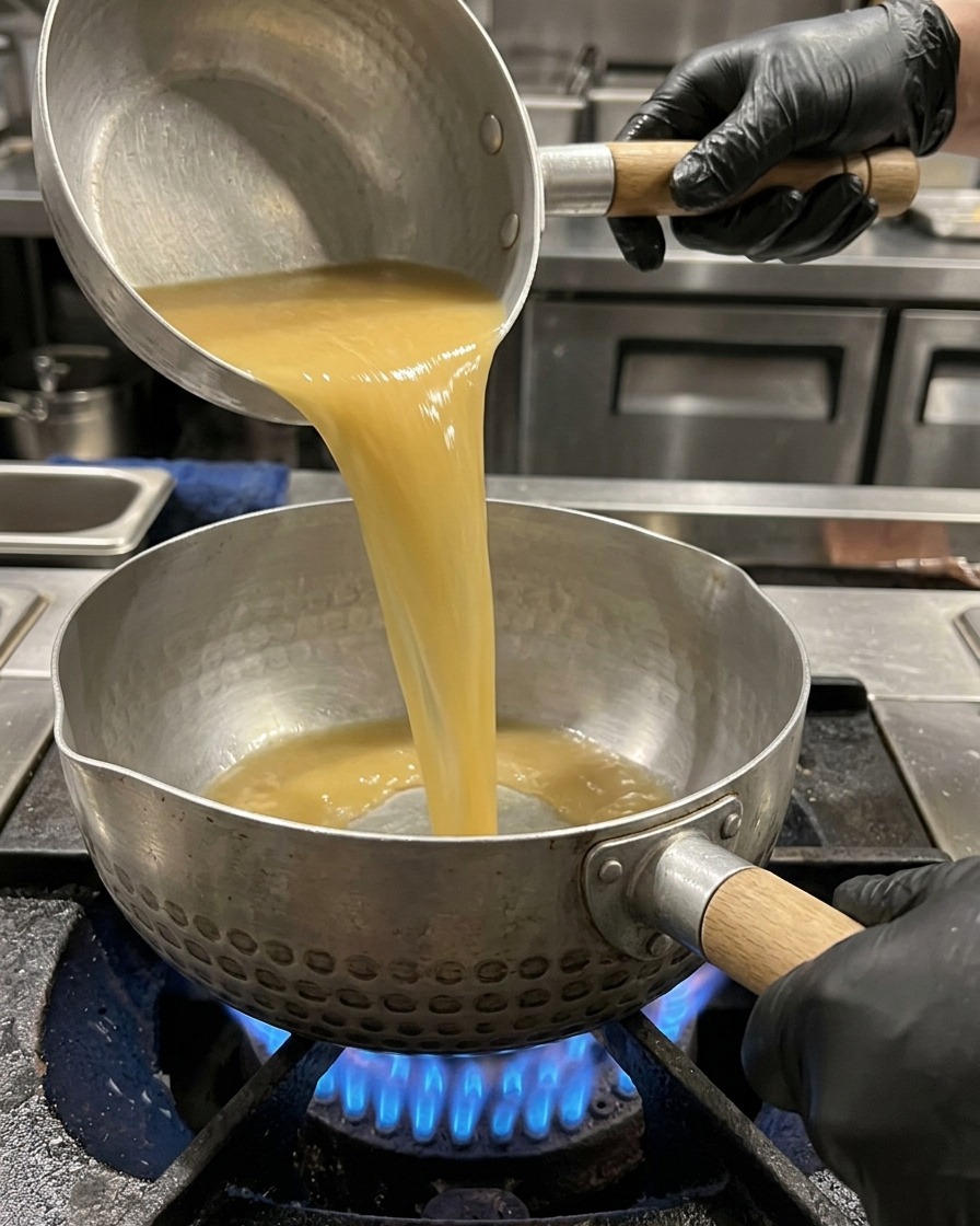 Tonkotsu-Brühe wird in einen Topf gegossen, gefolgt von einem Klecks cremiger Sesampaste.