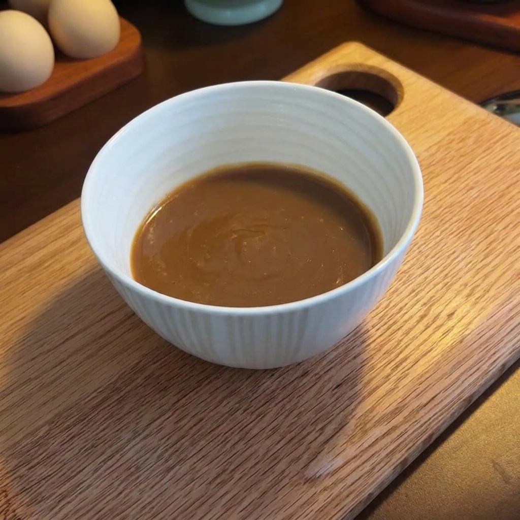 Eine cremige Mischung aus Sesampaste, Erdnussbutter und Miso in einer weißen Schüssel.