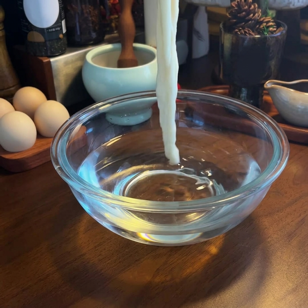 Gekochte Ramen-Nudeln werden in einer Schüssel mit kaltem Wasser abgespült.