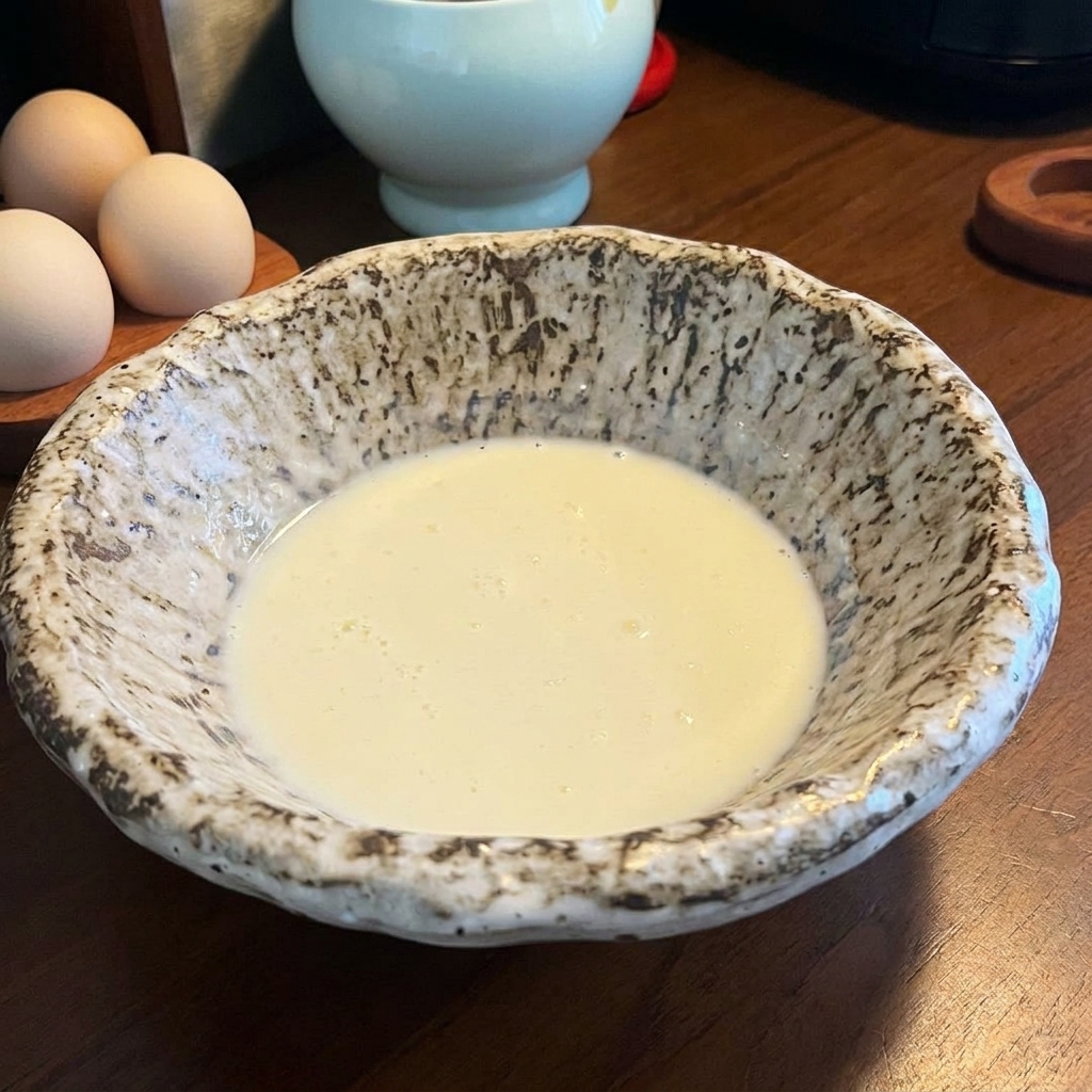 Eine Servierschüssel mit cremiger, weißlicher Brühe aus Sojamilch und Miso.