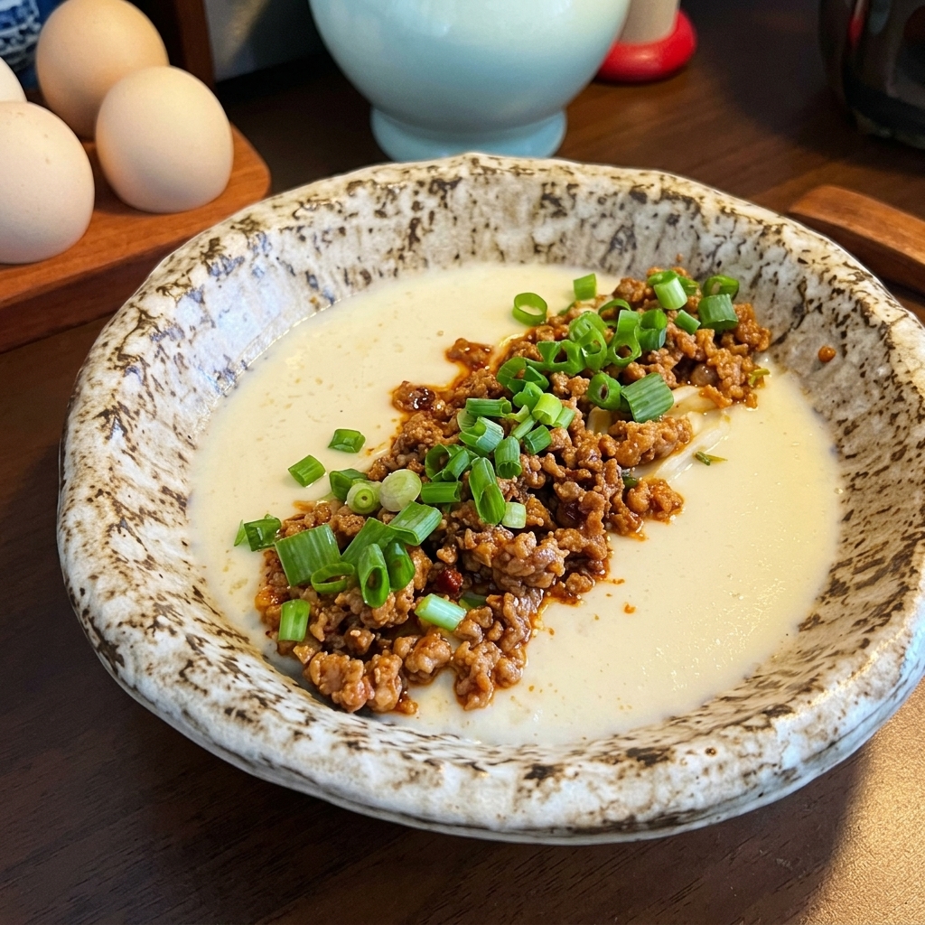 Cremige Ramen mit Schweinehack, Frühlingszwiebeln und Chiliöl.