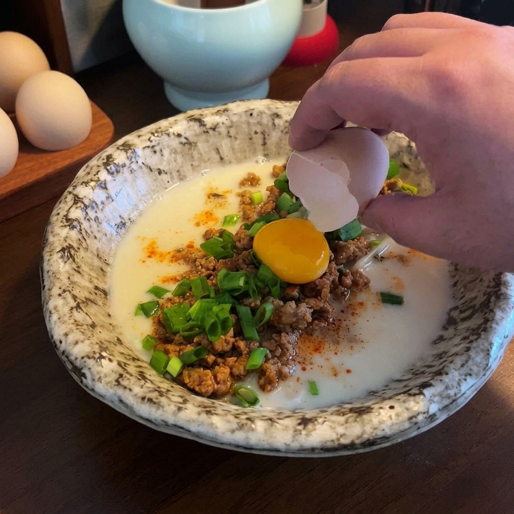 Ein rohes Eigelb wird vorsichtig in die Mitte der Ramen gesetzt.