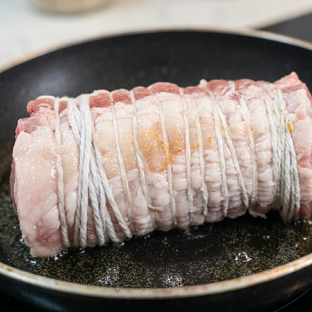 Eine gebundene Schweinebauchrolle wird in einer heißen Pfanne goldbraun angebraten.