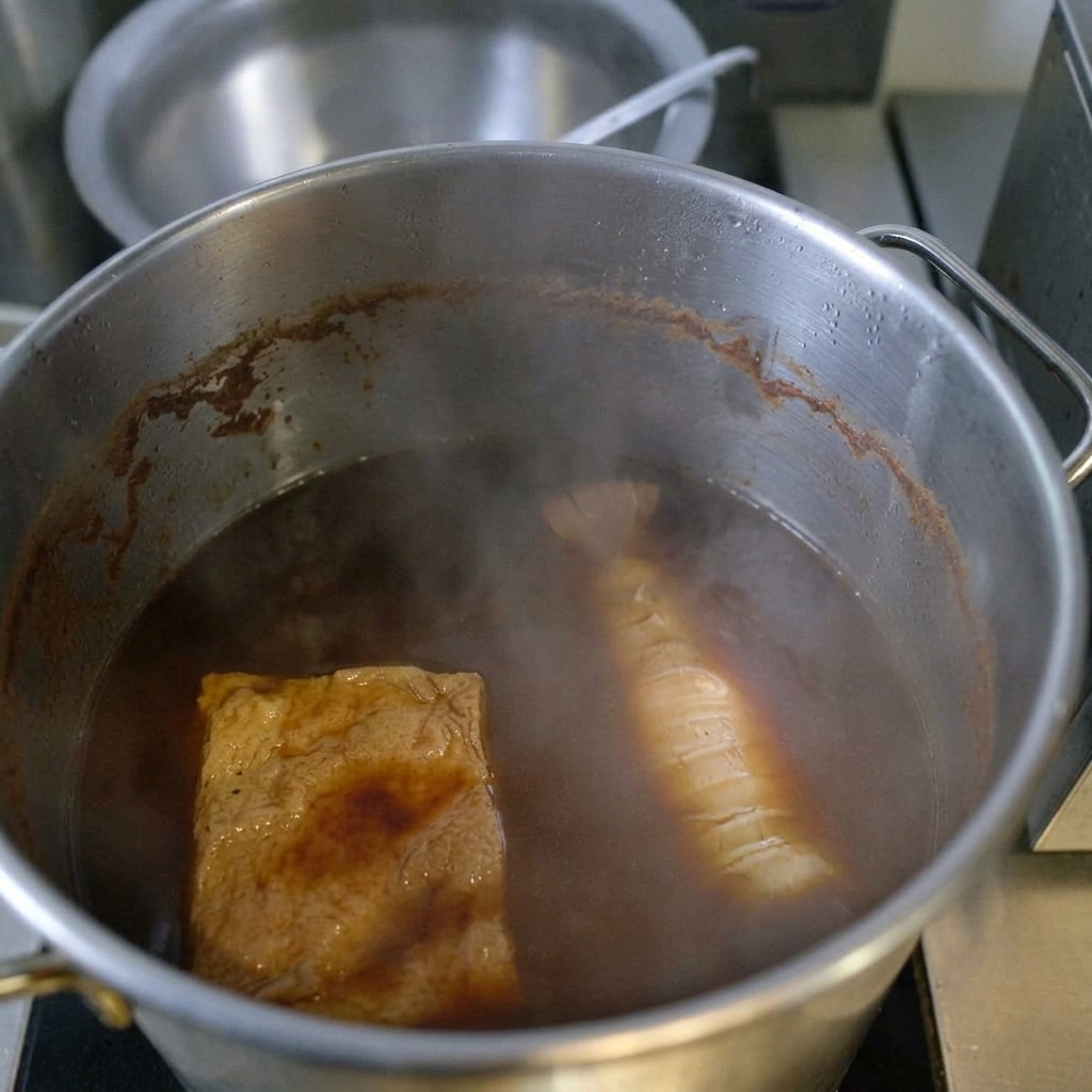 Angebratenes Schweinefleisch schmort in einer dunklen, aromatischen Chashu-Sauce in einem großen Topf.