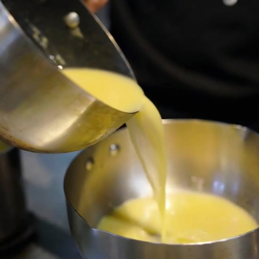 Hausgemachte Miso-Paste wird in einen Topf mit heißer Brühe gegeben.