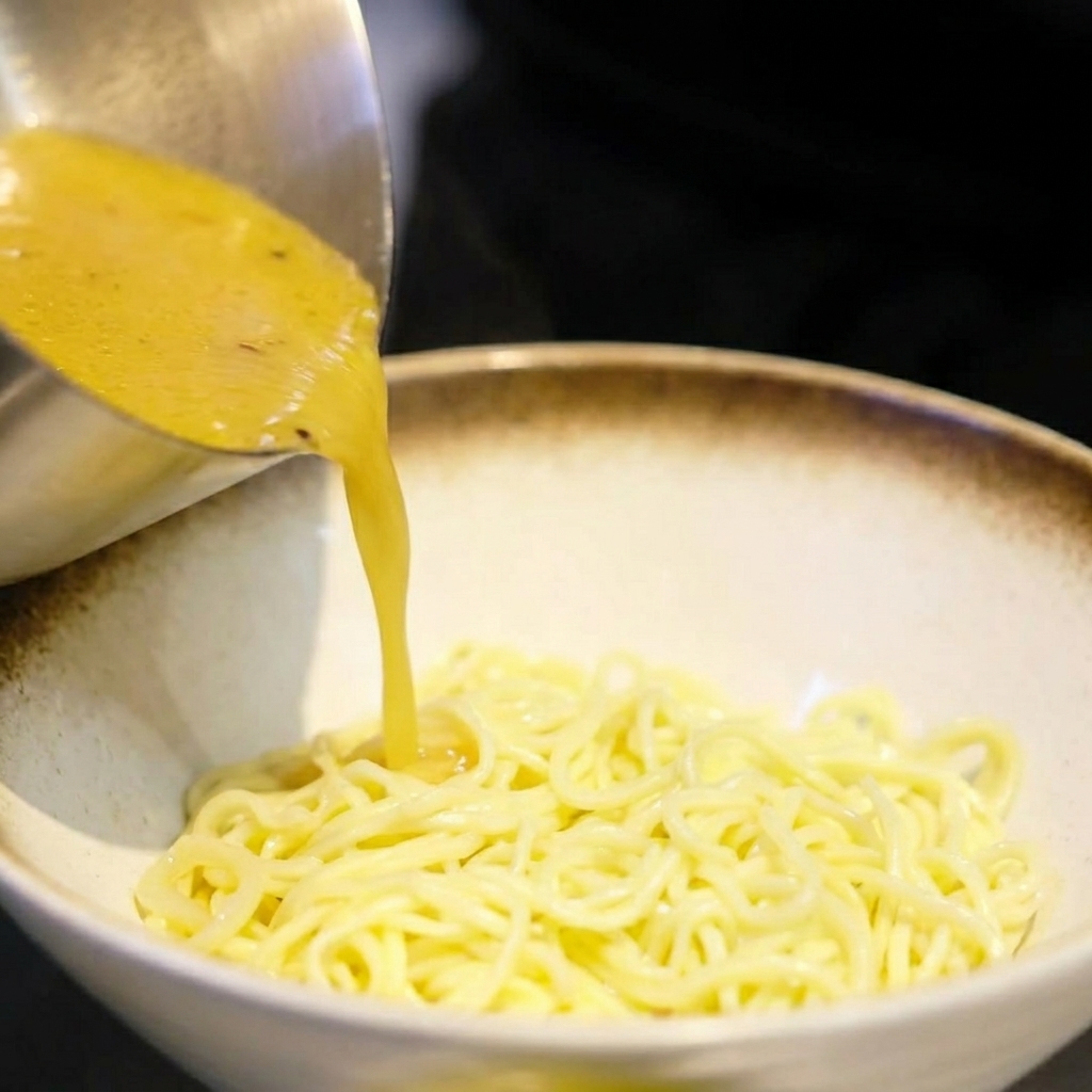 Goldene Miso-Brühe wird aus einer Kelle über Nudeln in eine Schüssel gegossen.