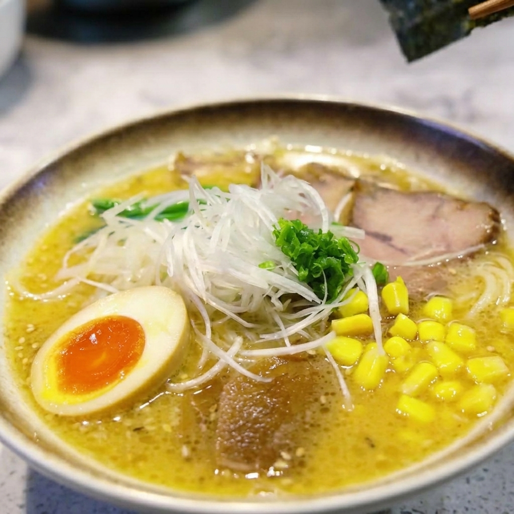 Draufsicht auf eine Ramen-Schüssel mit Chashu, halbiertem Ei, Mais und Frühlingszwiebeln.