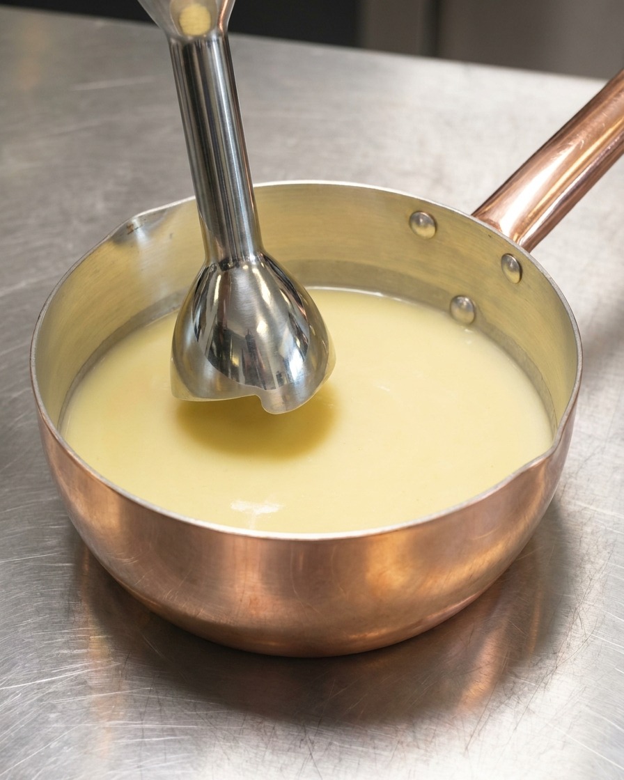 Ein Stabmixer in einem Kupfertopf mit cremiger Hähnchenbrühe.