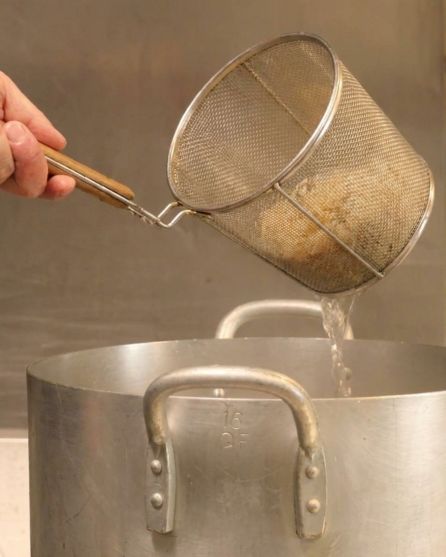 Eine Hand hält ein Nudelsieb über einen großen Topf und schüttelt kochendes Wasser ab.