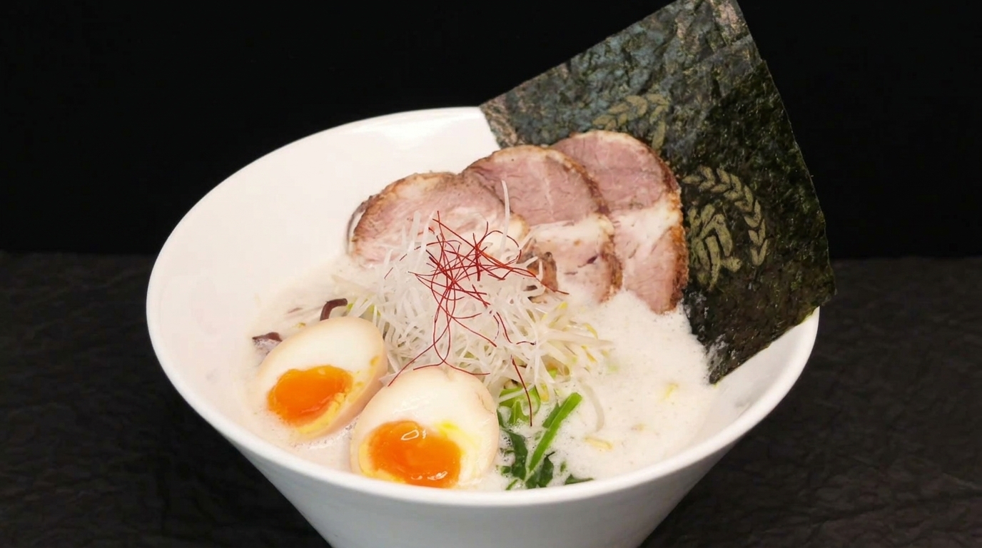 Eine Schale cremiger Chicken Paitan Foam Ramen, garniert mit Chashu, weichgekochtem Ei, Mu-Err-Pilzen und frischen Kräutern.