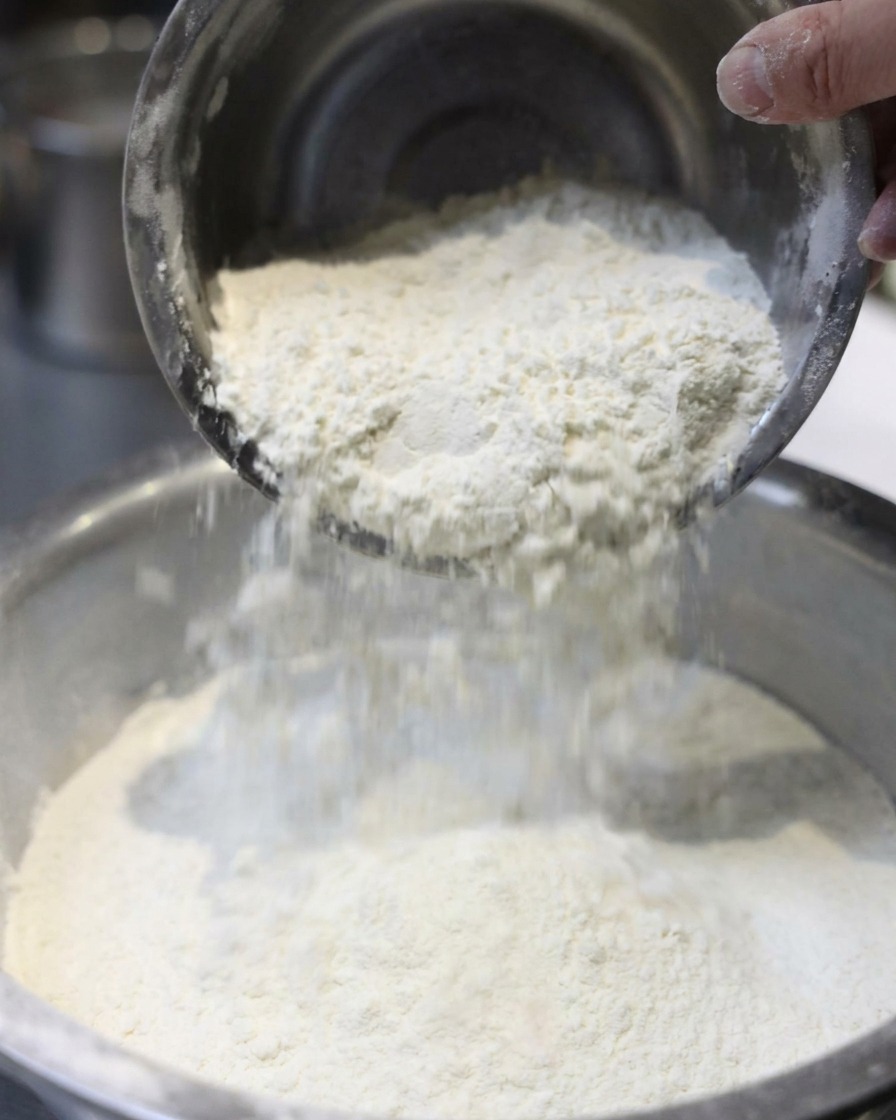 Mehl mit hohem Klebergehalt und alkalisches Wasser werden in einer Teigknetmaschine vermischt.
