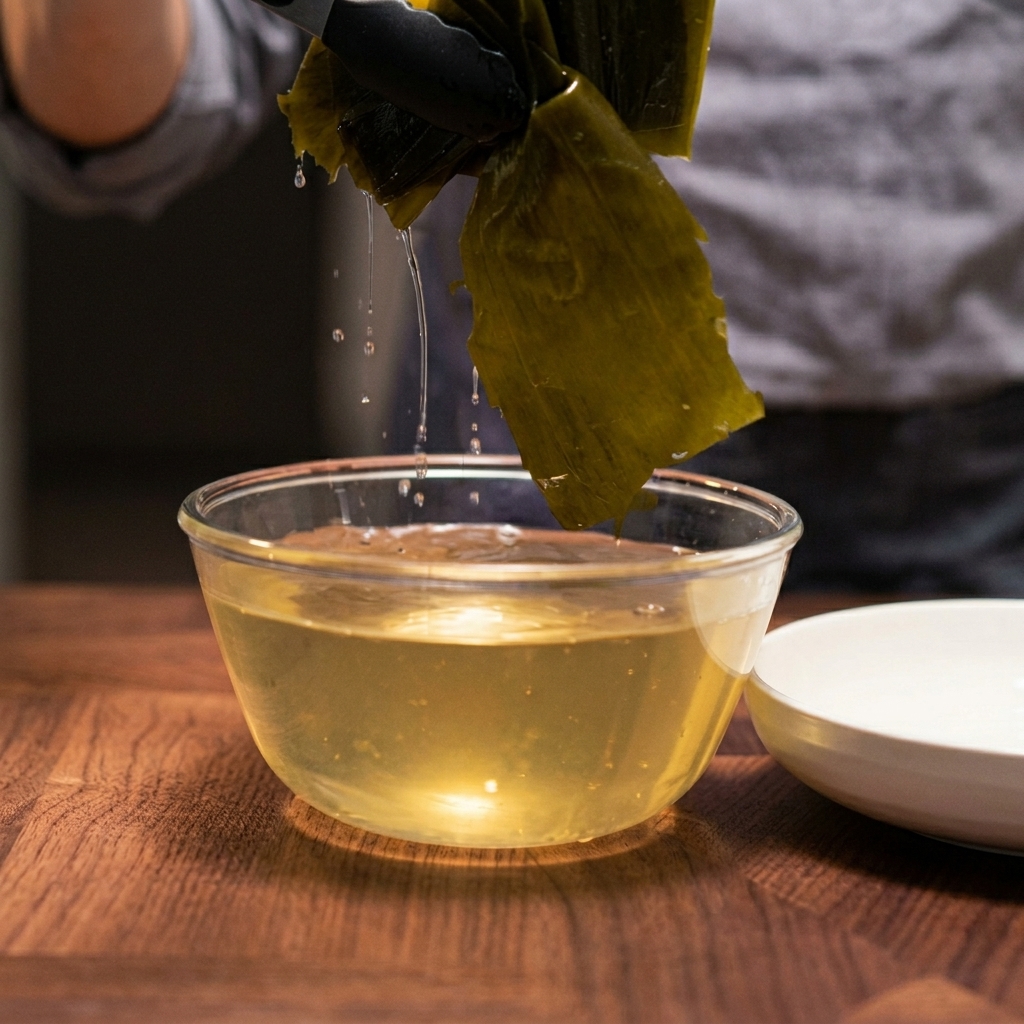 Nahaufnahme einer Zange, die ein Stück rehydrierten Kombu aus einer Schale mit goldener Flüssigkeit hebt.
