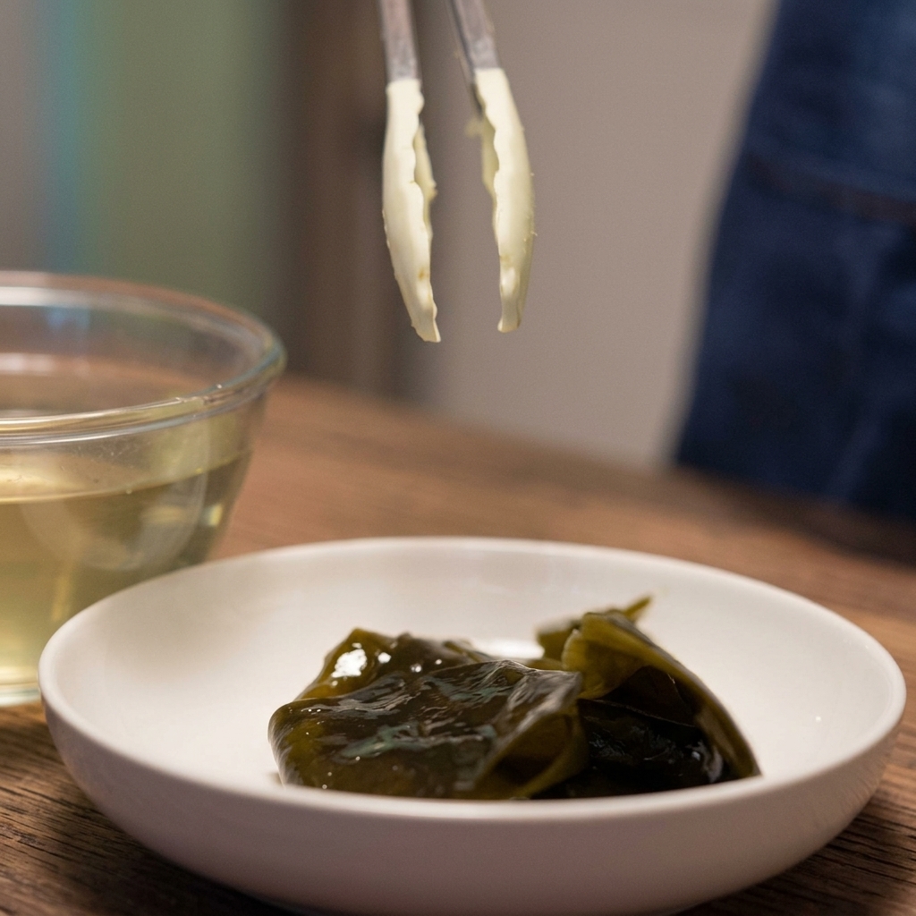Kombu-infundiertes Wasser wird in einen klaren Glastopf auf einer Holzoberfläche gegossen.