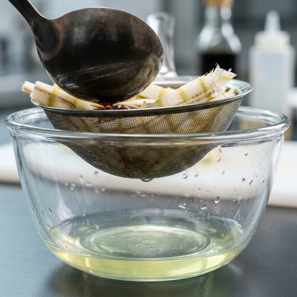 Die trübe Brühe wird durch ein mit Tuch ausgelegtes Sieb in eine klare Glasschale gegossen.