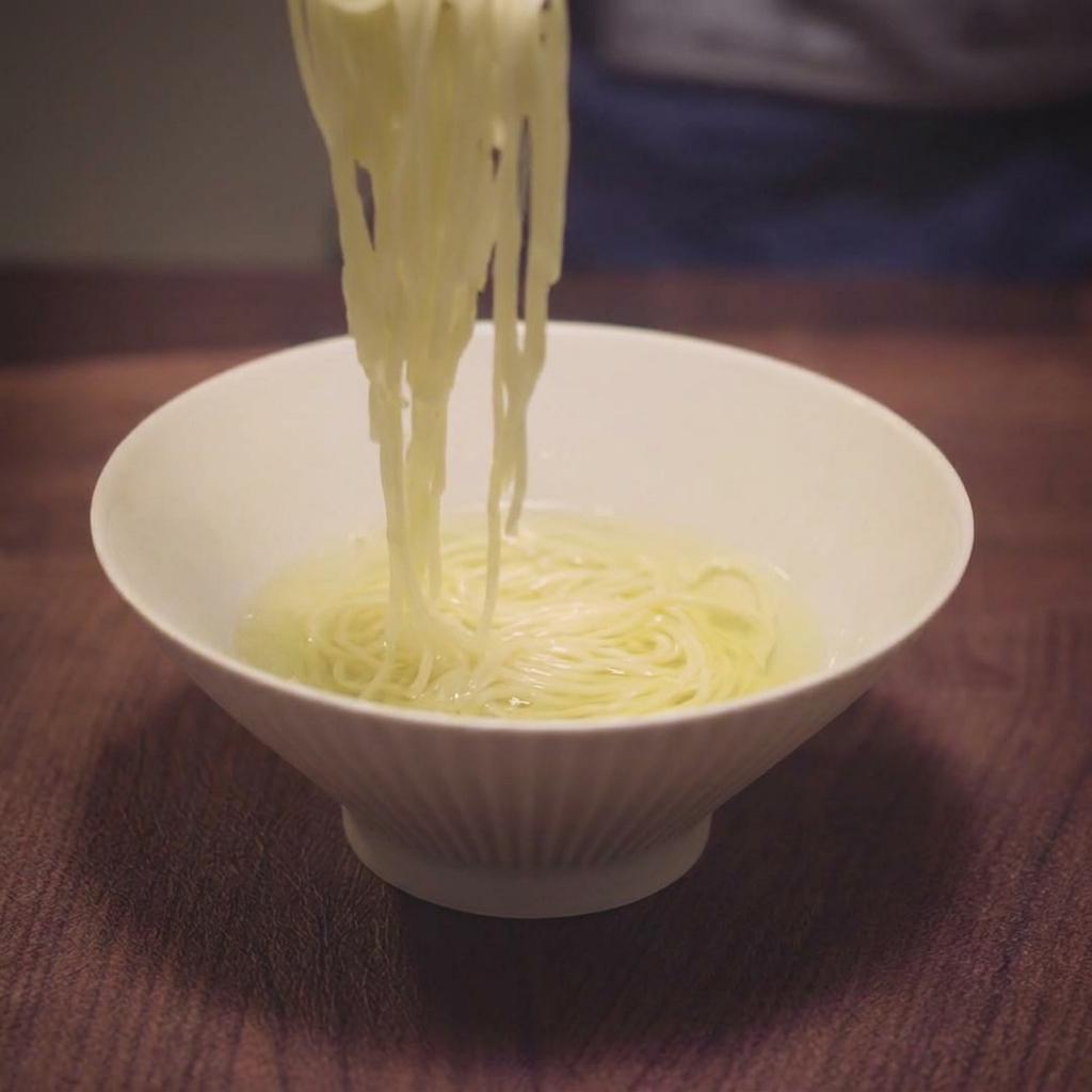 Ein Paar Stäbchen legt ein Nest aus gekochten, dünnen Ramen-Nudeln in eine Schale mit klarer, goldener Brühe.
