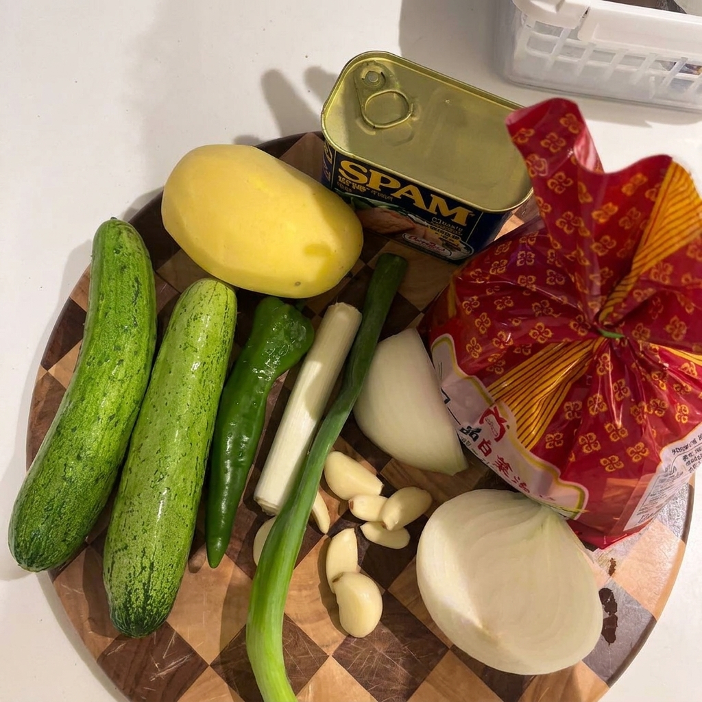 Hühnerteile, Apfel, Zwiebel, Frühlingszwiebel und Ingwer im Schnellkochtopf.