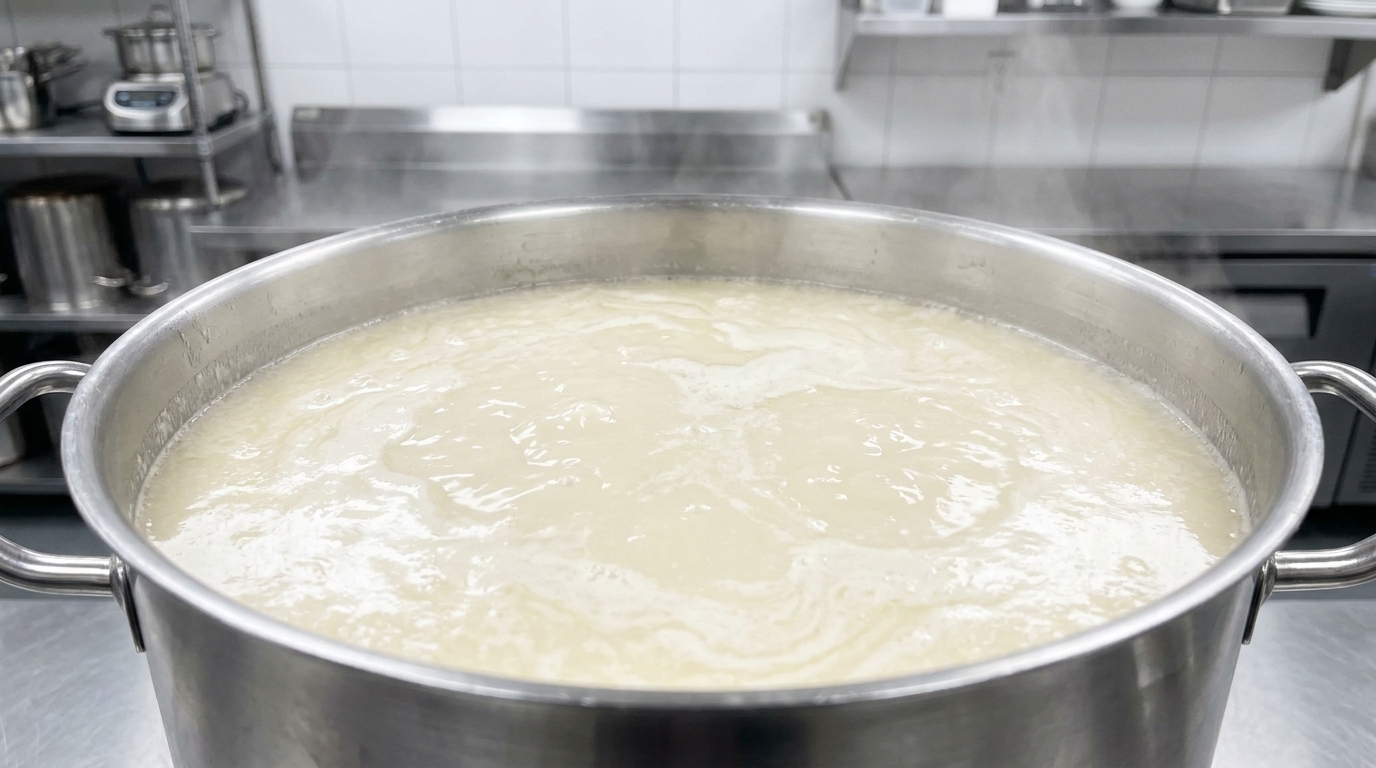 Eine cremige, emulgierte japanische Chicken Paitan-Brühe köchelt in einem großen Topf.