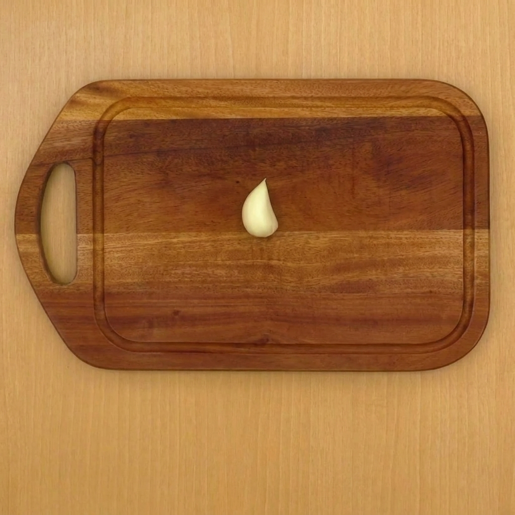 Eine einzelne Knoblauchzehe wird auf einem Holzbrett mit einem Messer zerdrückt.