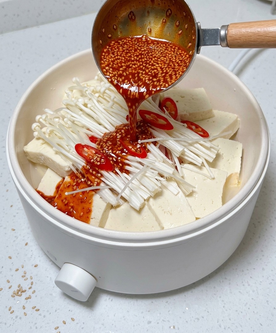 Schaum und Verunreinigungen werden mit einer Schöpfkelle von der Oberfläche der kochenden Brühe entfernt.