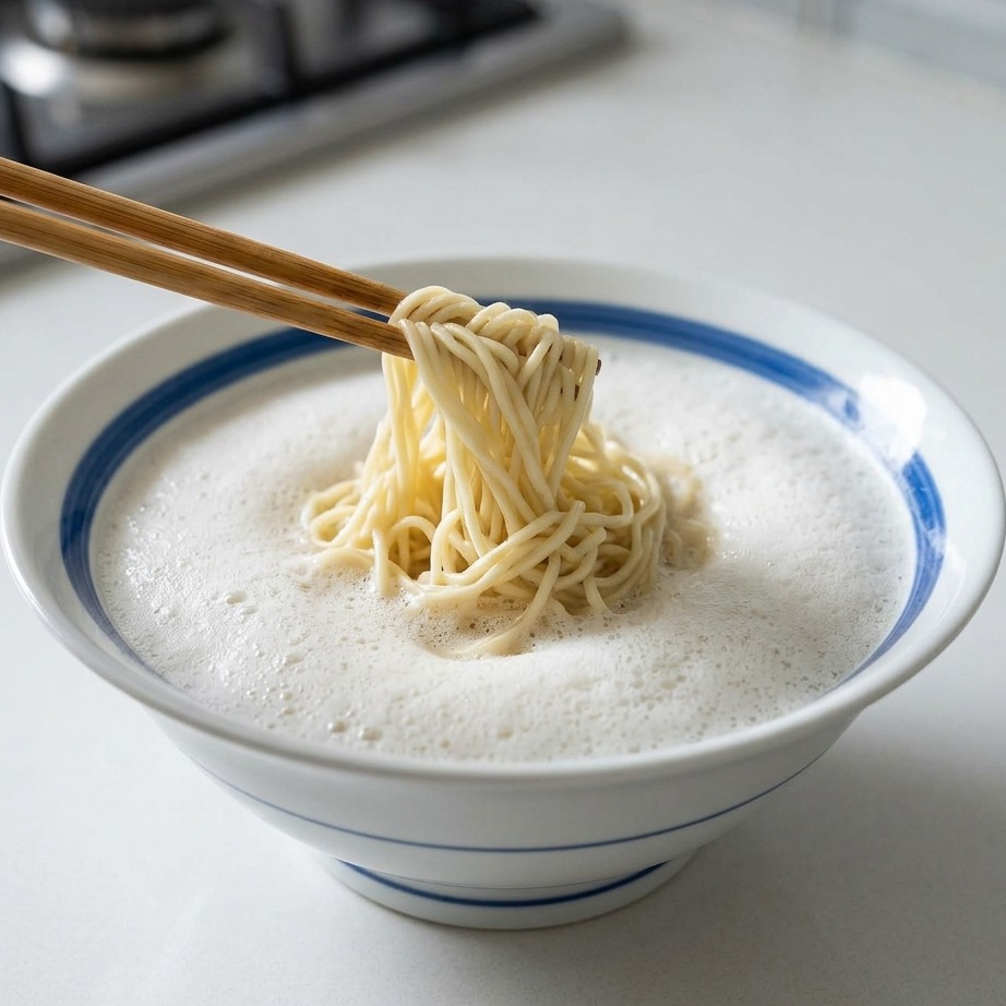 Eine Schüssel Ramen wird fertiggestellt, indem heiße, cremige Hühnerbrühe über die Nudeln gegossen wird.