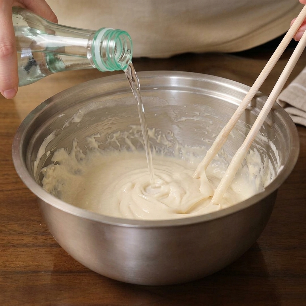 Wasser wird aus einer Glasflasche zum Teig gegeben und mit Holzstäbchen verrührt.
