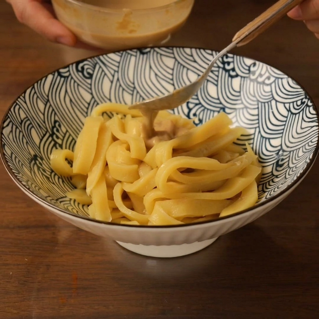 Ein Löffel gießt eine cremige Senf-Tahini-Sauce über eine Schale mit frisch geschnittenen Nudeln.