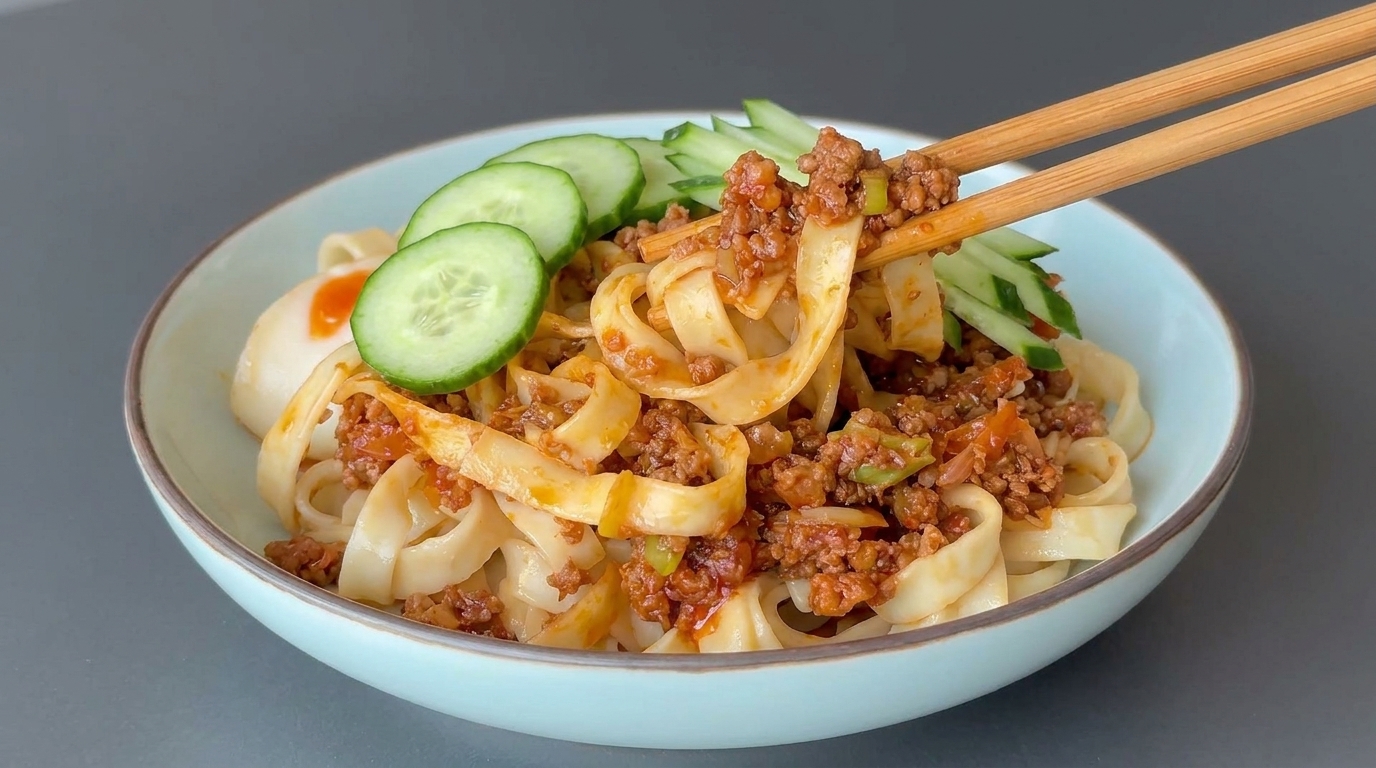 Eine Schüssel taiwanesische Danzai-Nudeln, garniert mit würzigem Schweinehackfleisch und frischen Gurken.