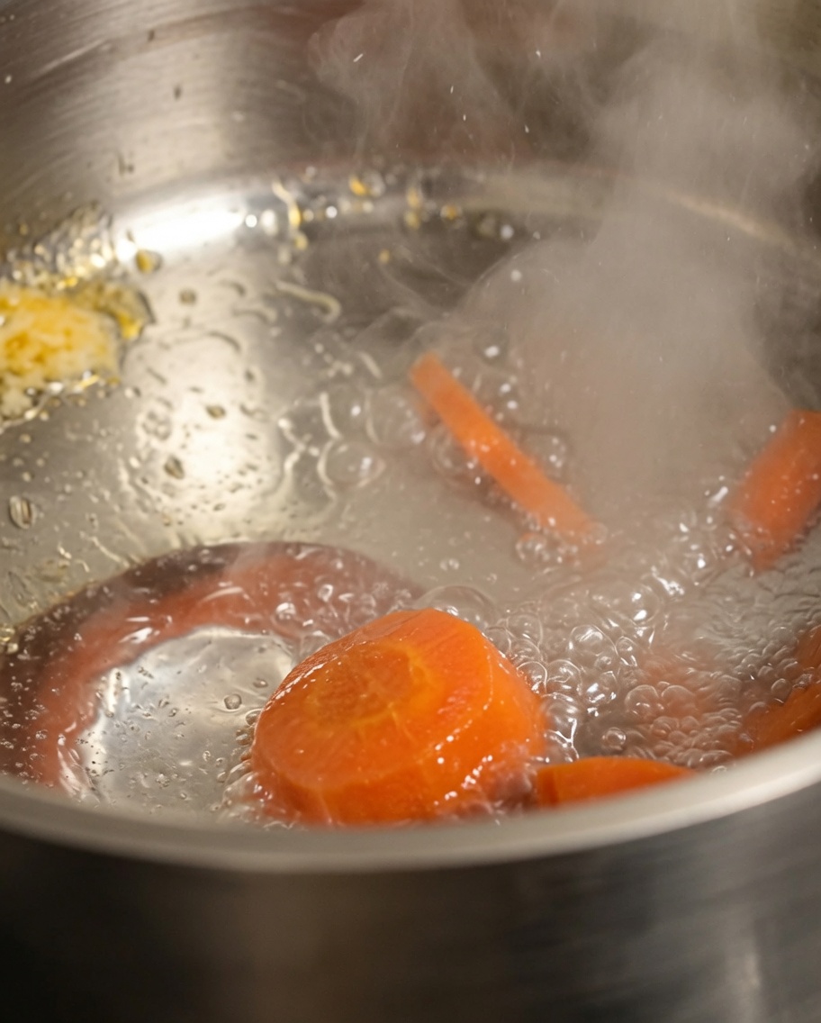 Karottenscheiben kochen in einem Topf mit Wasser.