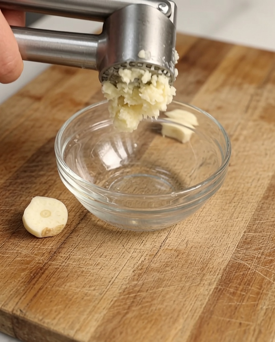Knoblauch wird durch eine Presse in eine kleine Schale mit Wasser gedrückt.