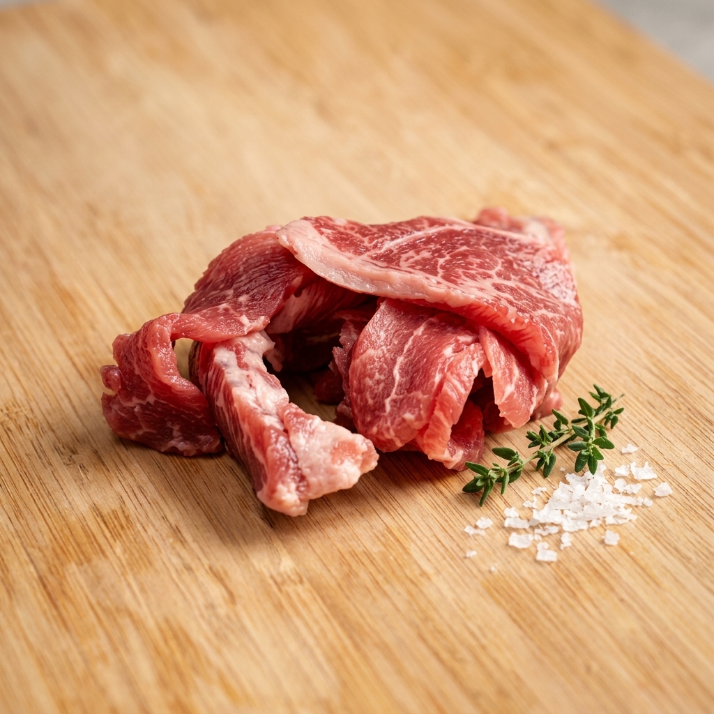 Ein Stück marmoriertes Schweinefleisch wird mit einem großen Hackmesser fein zerkleinert.