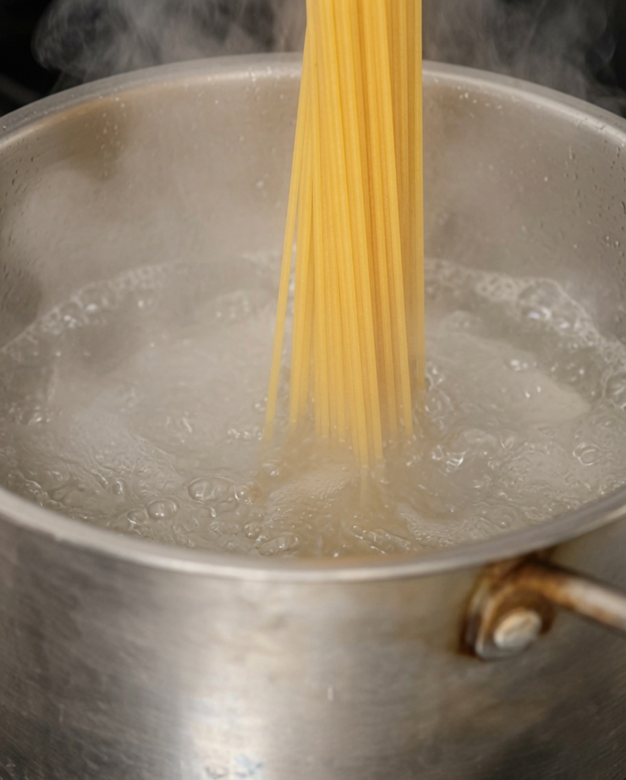 Trockene Spaghetti werden in einen Topf mit sprudelnd kochendem Salzwasser gegeben.