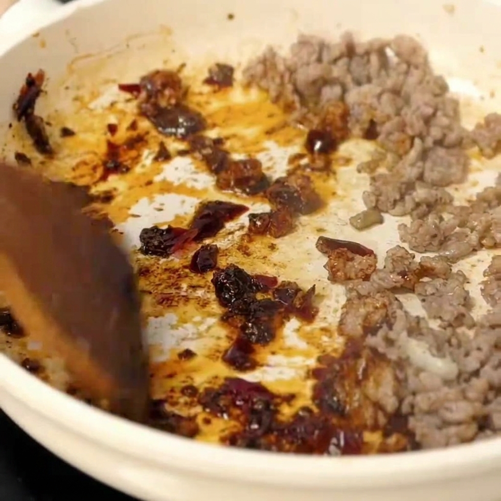 Ein Holzspatel mischt die dunkelrote Doubanjiang-Paste unter das Fleisch.