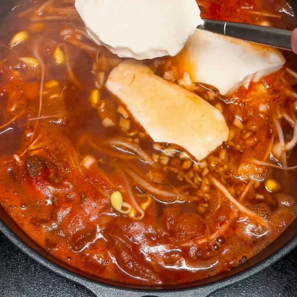 Große Stücke weißer Seidentofu werden vorsichtig in die köchelnde Suppe gesetzt.