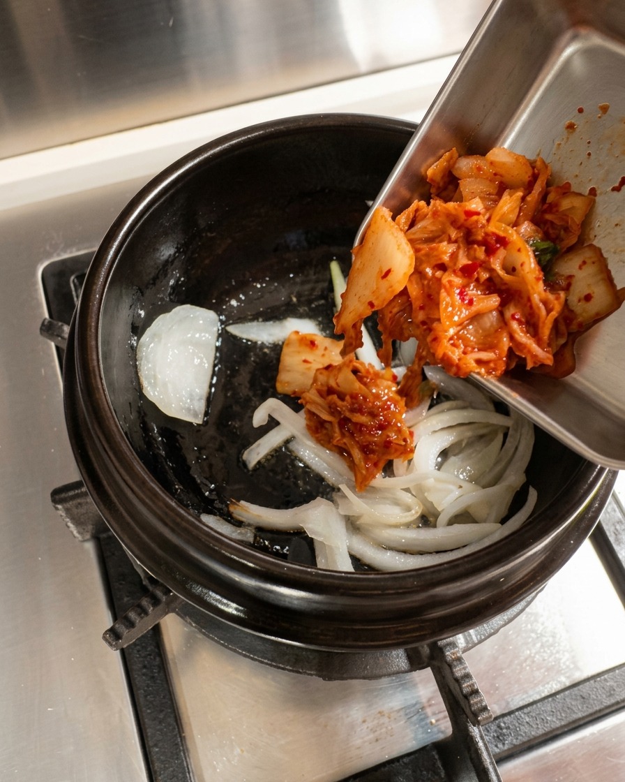 Kimchi wird in den Steintopf gegeben und mit den angebratenen Zwiebeln vermischt.