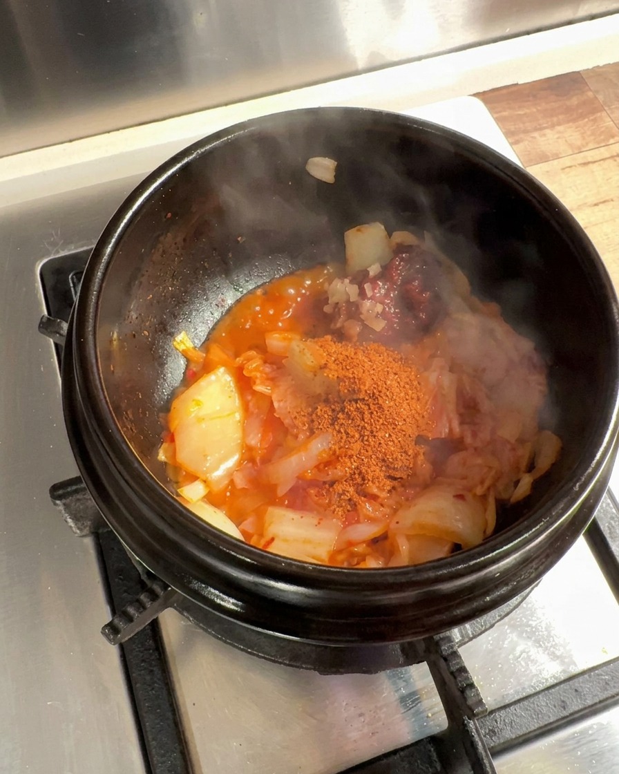 Gewürze wie Chilipulver, Zucker und Sojasauce werden über die Kimchi-Basis im Topf gestreut.