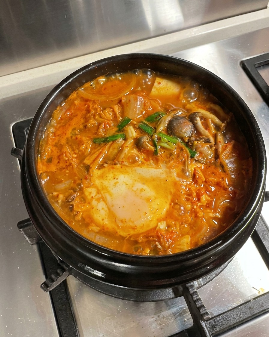 Ein fertiger Topf mit Kimchi-Rindfleisch-Eintopf und Tofu, garniert mit leuchtend grünen Frühlingszwiebeln und roten Chiliringen.