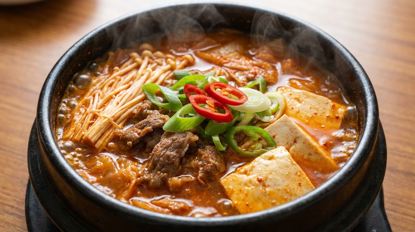 Scharfer Kimchi-Rindfleisch-Eintopf mit Tofu (Kimchi Jjigae)