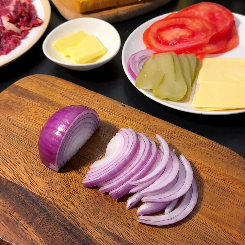 Fein gewürfelte rote Zwiebelstücke ordentlich auf einem Holzbrett neben einem Küchenmesser.