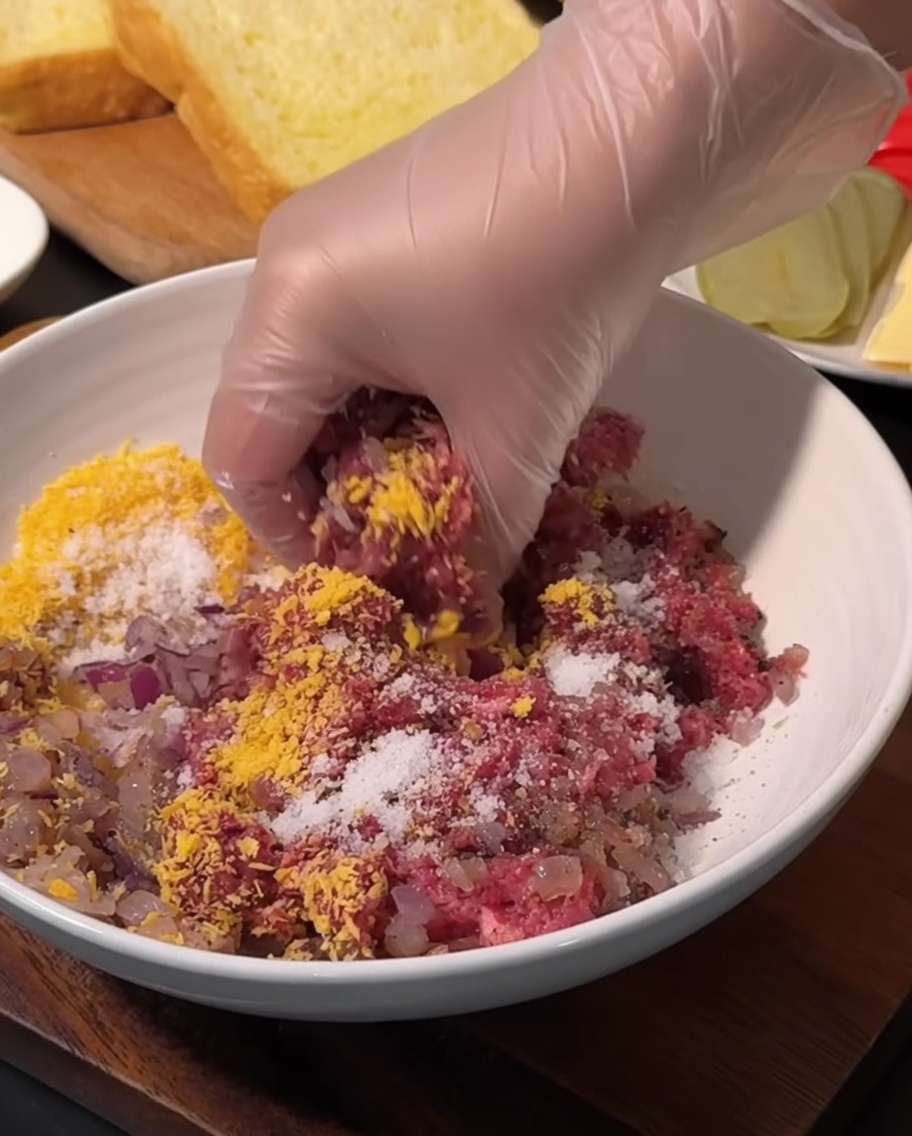 Geformtes, rundes rohes Rinder-Patty in einer weißen Schüssel, bereit zum Braten.